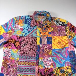 ROMWE Patchwork Shirt Mens XXL Colorful Festival Retro Button Up Loud